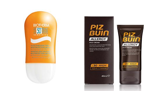 Biothermin Sun Sensitive -voide kertoimella 50, 37,50 e/75 ml ja Piz Buinin Allergy Face Lotion SPF 30, 17,50 e/40 ml. 