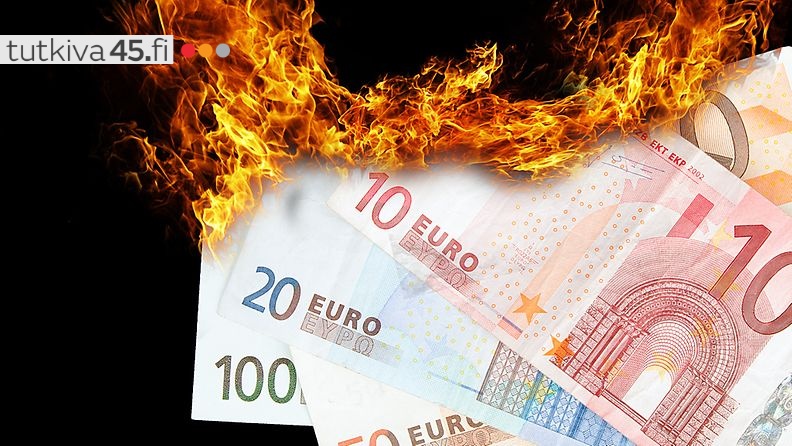 Euro-seteleitä tulessa, kuvituskuva.