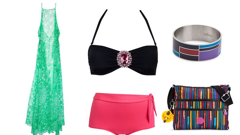 Mekko H&M, rannekoru ja laukku Kipling, bikiniyläosa Cubus, bikinialaosa KappAhl