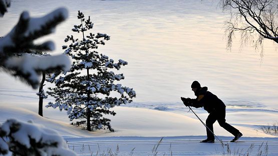 Hiihtäjä hiihtää ladulla. Kuva: Lehtikuva