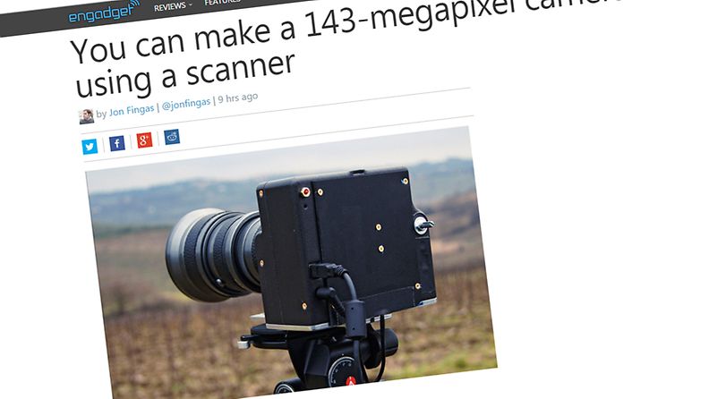 Kotitekoinen kamera, jossa on käytetty skannerin osia. Kuvakaappaus Engadgetin sivuilta.