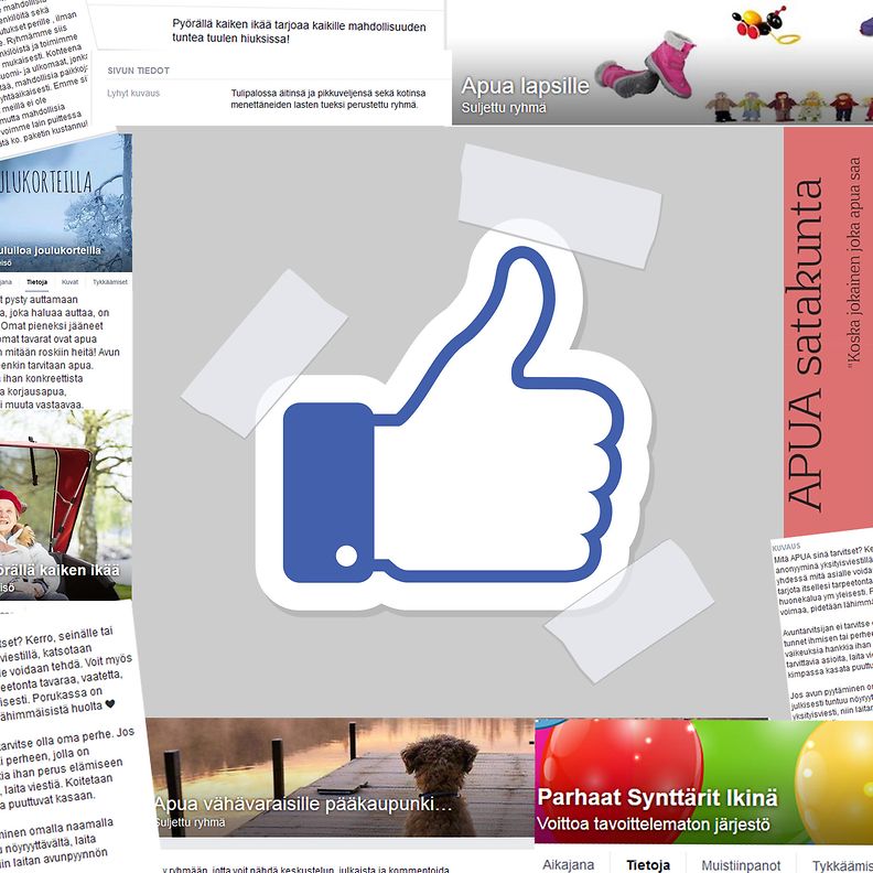 FB-tykkäyspeukku ja kuvakaappauksia Facebookin avustusryhmistä