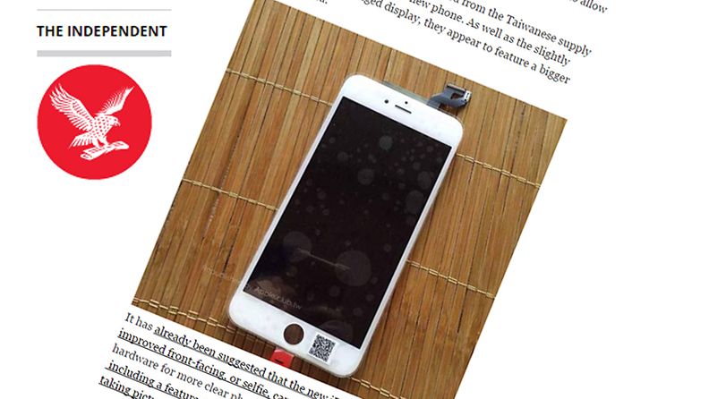 Väitetty vuotokuva iPhone 6s Plus mallista. Kuvakaappaus The Independentin sivuilta.