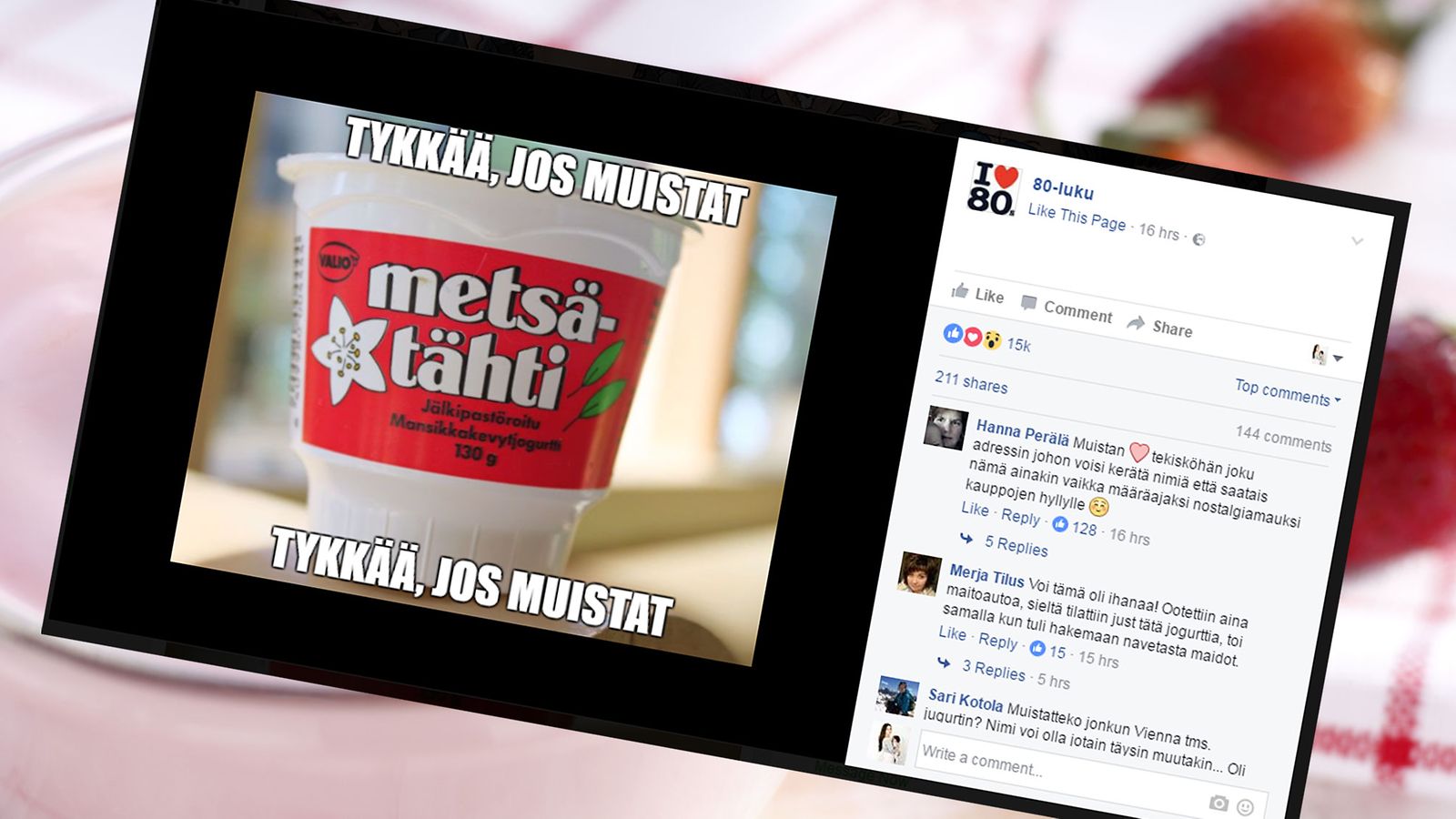 Metsätähti-jogurtti on kerännyt yli 15 000 tykkäystä Facebookissa. Kuva ruutukaappaus 80-luvulle omistetusta Facebook-ryhmästä. 