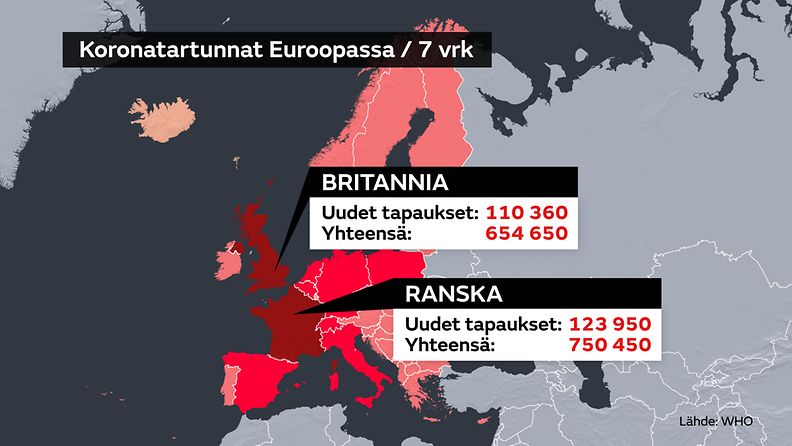 koronaluvut EU-kartalla seitsemässä vrkssa