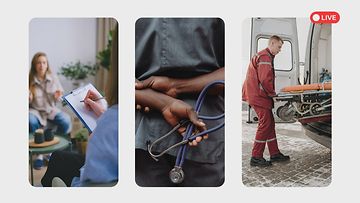 Kolmen kuvan sarja: Nainen puhuu vastaanotolla, lääkäri pitelee stetoskooppia ja ensihoitaja avaa paareja ambulanssista. 