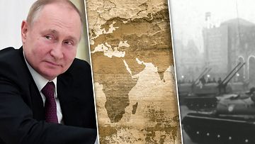 Presidentti Vladimir Putin, maailmankartta ja historiallista kuvaa Venäjältä.