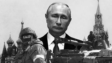 Kuvassa venäläisiä sotilaita ja panssarivaunu, sekä taustalla presidentti Putin.