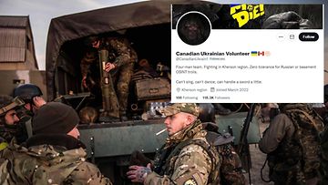 Kanadalaisen vapaaehtoisen valheelliseksi osoittautunut Twitter-tili ja Azov-sotilaita Ukrainassa.