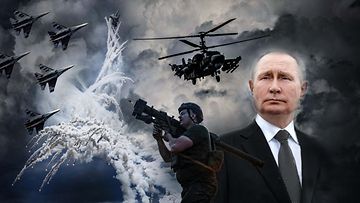 Kuvassa etualalla Venäjän presidentti Vladimir Putin, taustalla maan armeijan ilmasotakalustoa ja taistelijoita.