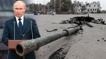 Yhdistelmäkuva, jossa Vladimir Putin ja tuhoutuneen panssarivaunun torni.